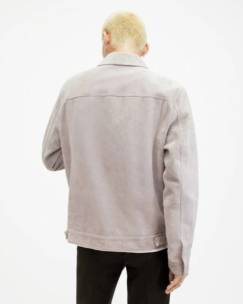 Men’s White Gray Suede Trucker Jacket – Timeless Leather Style