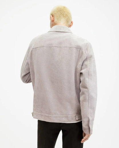 Men’s White Gray Suede Trucker Jacket – Timeless Leather Style