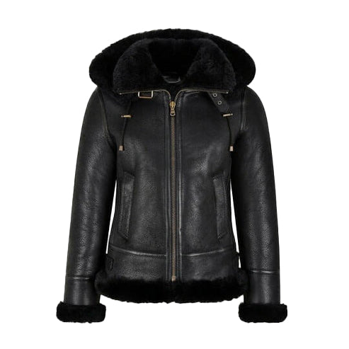 Women's B3 Hooded Black Shearling Bomber Jacket