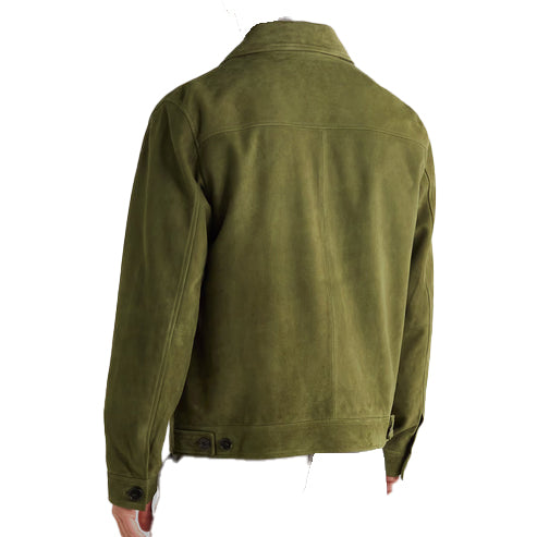 Men’s Green Suede Leather Trucker Jacket – Classic & Stylish Outerwear