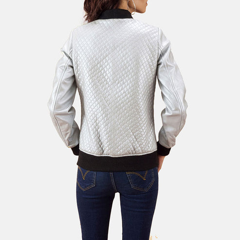 Lana Silver Leather Bomber Jacket – Modern Shine & Timeless Style