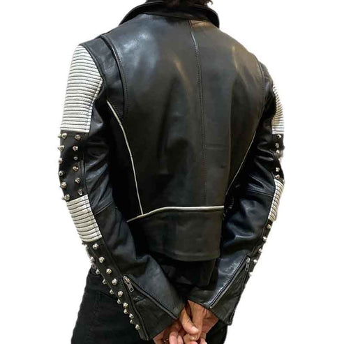 Men’s Black & White Studded Leather Jacket – Bold Biker Style