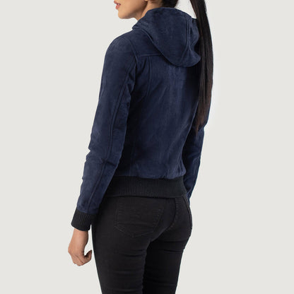 Women’s Rebella Blue Hooded Suede Bomber Jacket – Cozy Urban Style