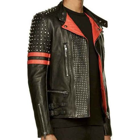Men’s Red & Black Studded Rider Jacket – Designer Biker Style