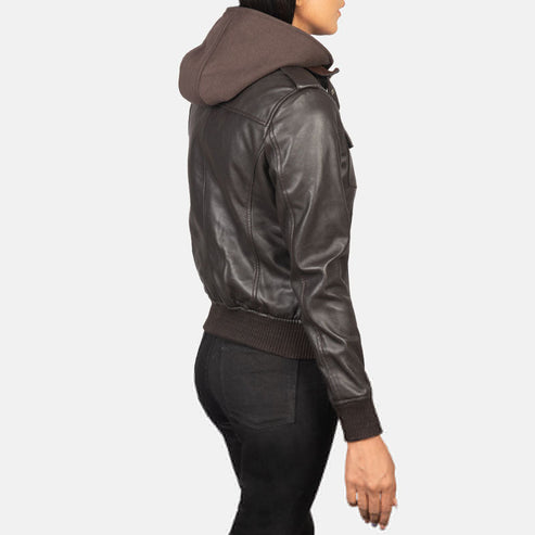 Roslyn Brown Hooded Leather Bomber Jacket – Everyday Comfort & Style