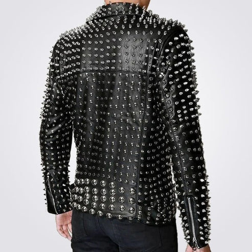 Men’s Full Silver Studded Lambskin Jacket – Premium Leather Style