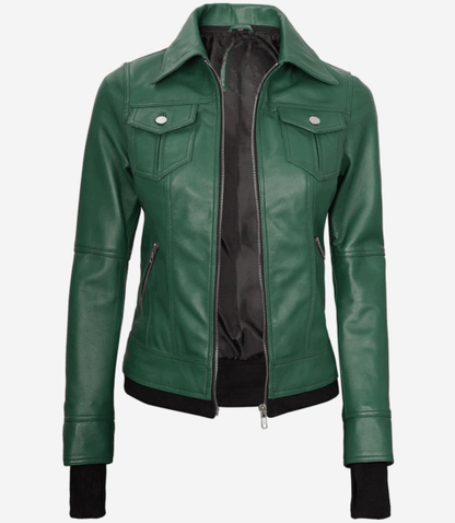Women’s Green Leather Bomber Jacket