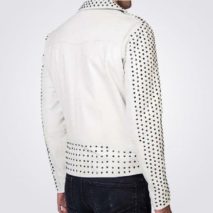 Men’s White Studded Leather Biker Jacket – Silver Belt Style