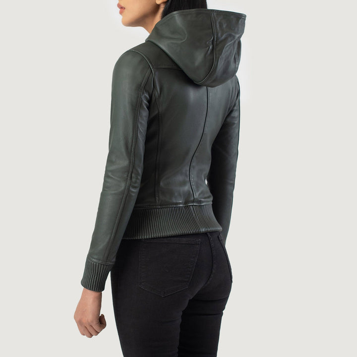 Women’s Luna Green Hooded Leather Bomber Jacket – Urban Winter Style