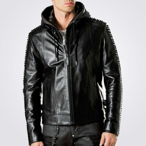 Men’s Studded Hooded Leather Biker Jacket – Lion Back Statement Style
