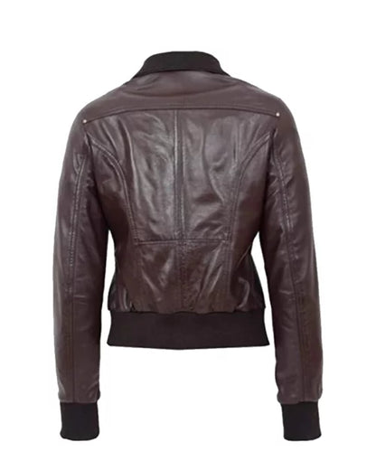 Women’s Brown Leather Bomber Jacket – Classic Comfort & Style