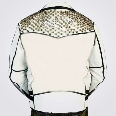 Men’s White & Black Studded Brando Biker Jacket – Silver Stud Icon