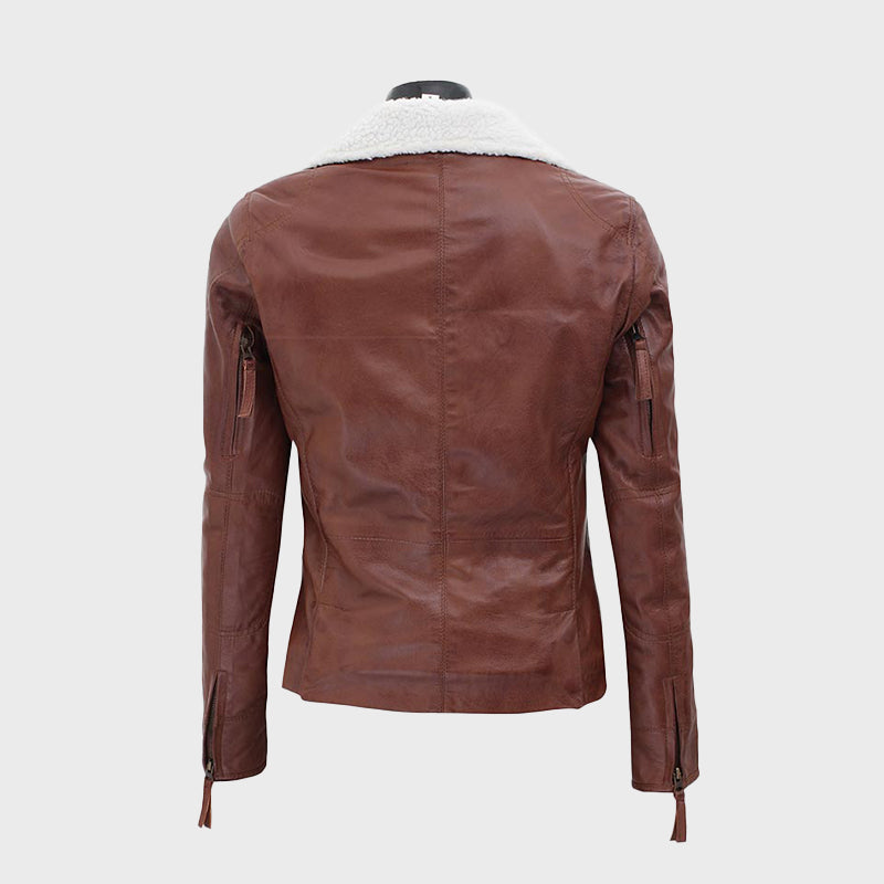 Gela Waxed Brown Leather Jacket with White Fur Collar – Premium Winter Luxury