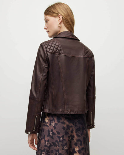 Women’s Mahogany Red Distressed Leather Biker Jacket – Bold Moto Style
