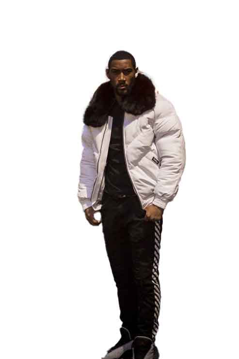 Men’s White V-Bomber Jacket – Black Fur Premium Style