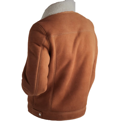 Men’s Brown Suede Leather Shearling Trucker Jacket