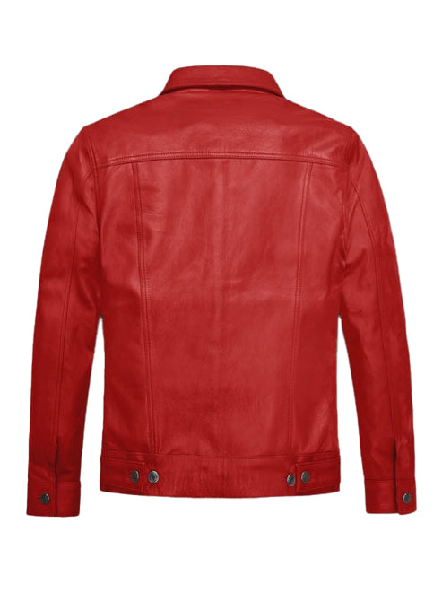 Men’s Red Lambskin Leather Trucker Jacket – Bold & Timeless Style
