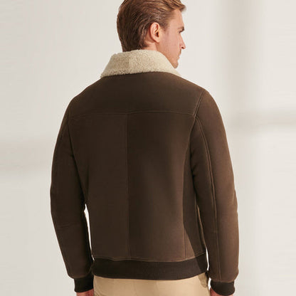 Men’s Khaki Brown Sheepskin Shearling Bomber Jacket – Rugged Winter Style by Bravo Bros