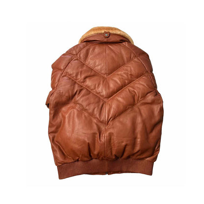 Men’s Brown V-Style Leather Bomber Jacket