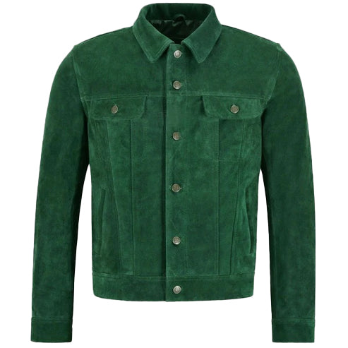 Men’s Green Suede Trucker Jacket – Bold, Versatile & Stylish