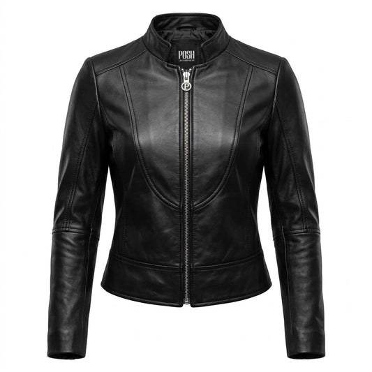 Women’s Black Café Racer Leather Motorcycle Jacket