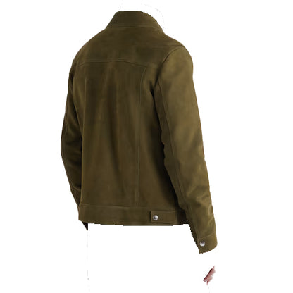 Men’s Olive Green Lambskin Leather Trucker Jacket – Modern & Premium Fit