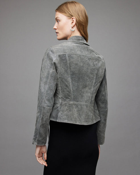 Women’s Gray Suede Leather Biker Jacket – Soft Moto Elegance