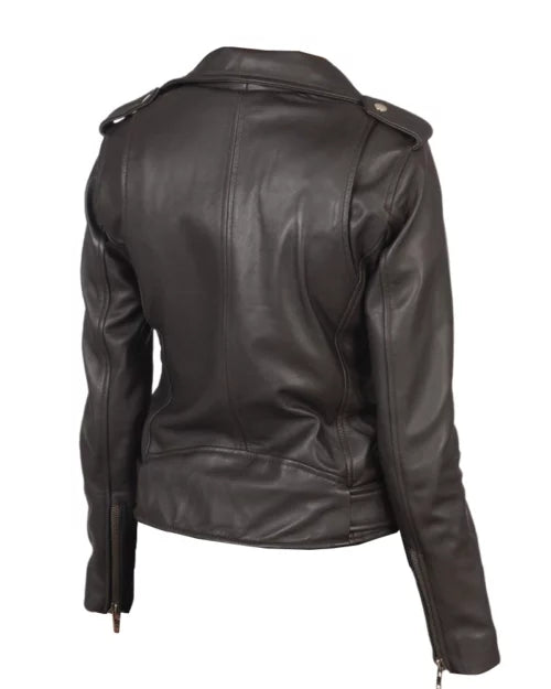 Women’s Alison Brown Leather Biker Jacket – Chic & Durable