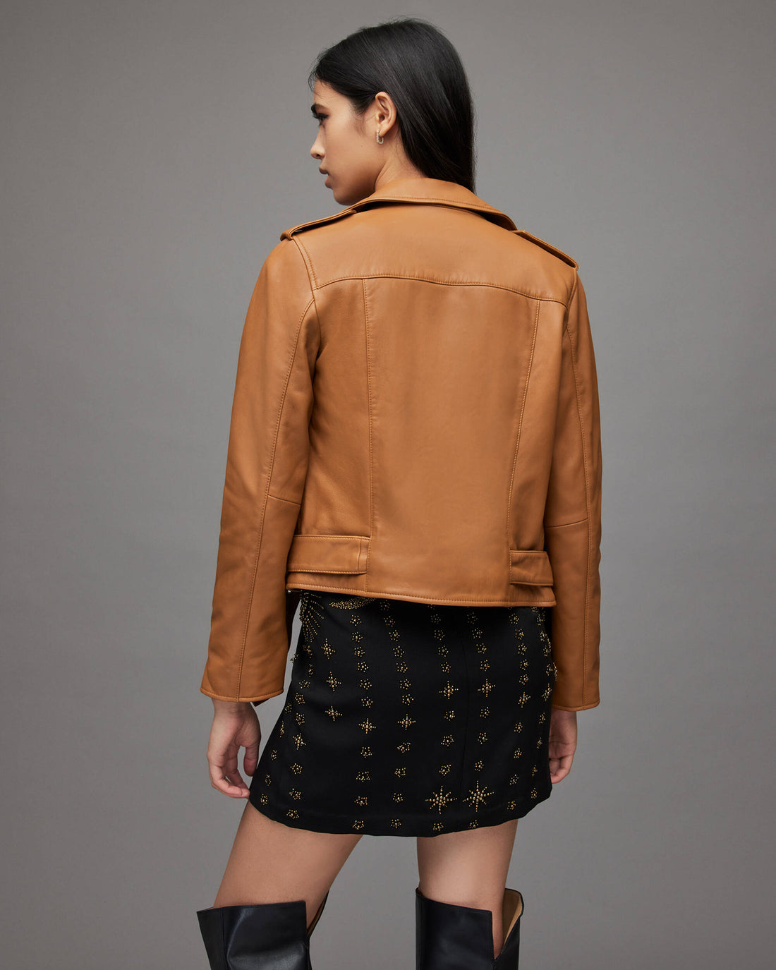Women’s Tan Brown Leather Biker Jacket – Classic Moto Style