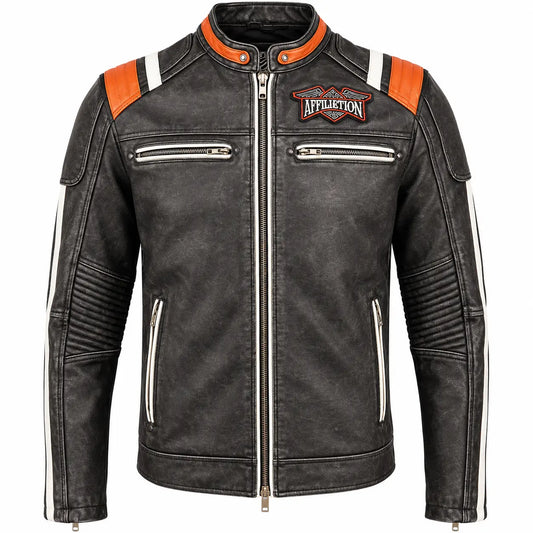 Affiliation Skull Embroidered Genuine Leather Motorcycle Jacket front view featuring distressed black leather, orange accents, and embroidered branding