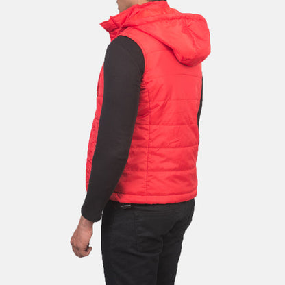 Men’s Red Leather Hooded Puffer Vest – Funston Insulated Style
