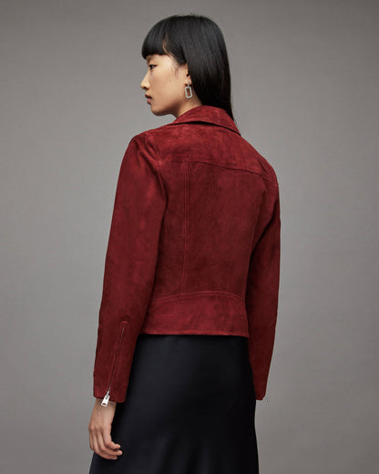 Women’s Red Suede Leather Biker Jacket – Chic Moto Style
