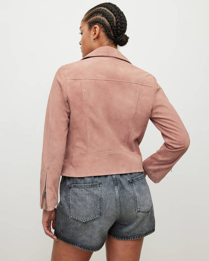 Women’s Pink Suede Leather Biker Jacket – Chic Moto Style