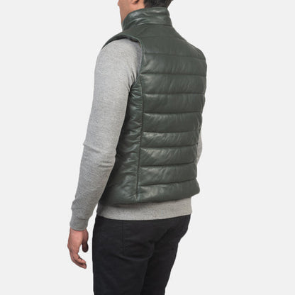Reeves Men’s Green Leather Puffer Vest – Premium Insulated Style