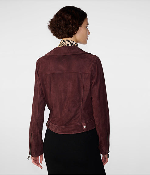 Women’s Maroon Suede Leather Biker Jacket – Elegant Moto Style