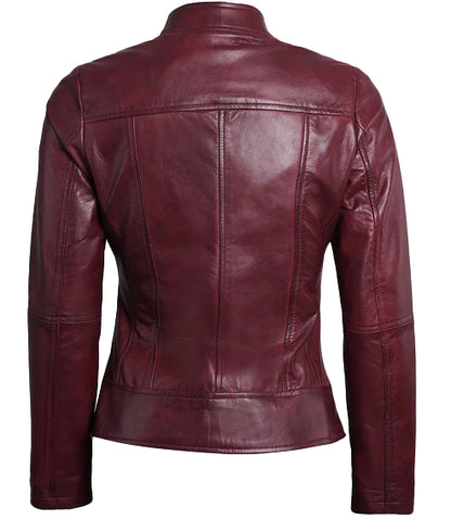 Bravo Bros Women’s Maroon Slim-Fit Café Racer Leather Jacket