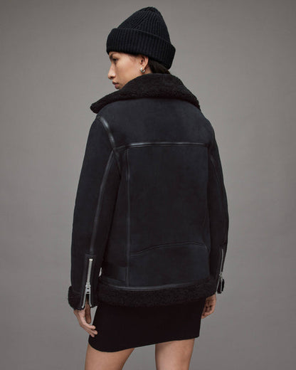 Women’s Black Suede Shearling Biker Jacket – Premium Leather Style