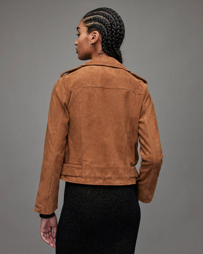Women’s Tan Brown Suede Leather Biker Jacket with Belt – Chic Moto Elegance