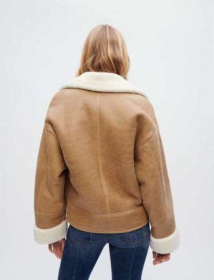 Women’s Tan Brown Shearling Leather Biker Jacket – Warm Moto Elegance