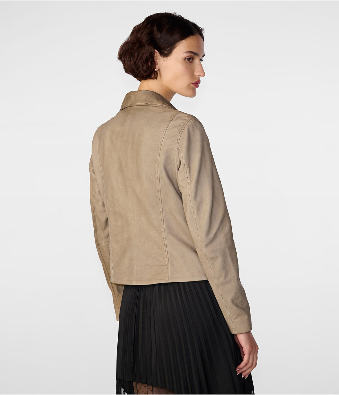 Women’s Tan Beige Suede Leather Biker Jacket – Timeless Moto Elegance