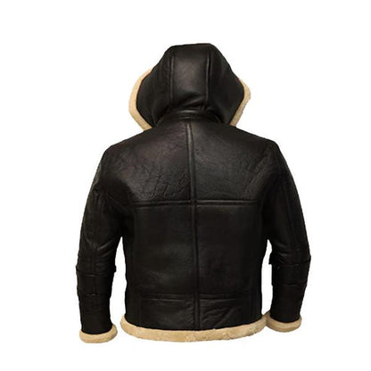 Men’s Black B3 Shearling Bomber Leather Jacket with Removable Hood