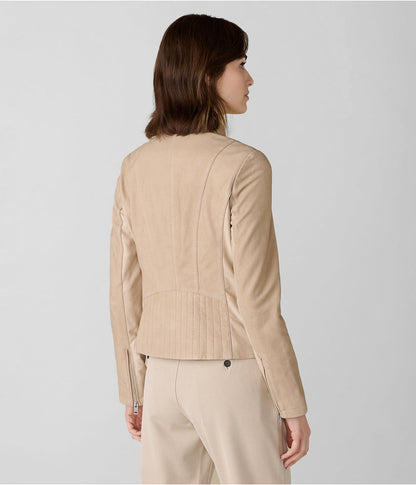 Women’s Beige Leather Moto Jacket – Chic & Timeless