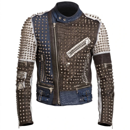 Men’s Golden Studded Multicolor Moto Jacket front view featuring pebbled black, navy, and white leather, silver cone spikes, dome studs, and skull detail   