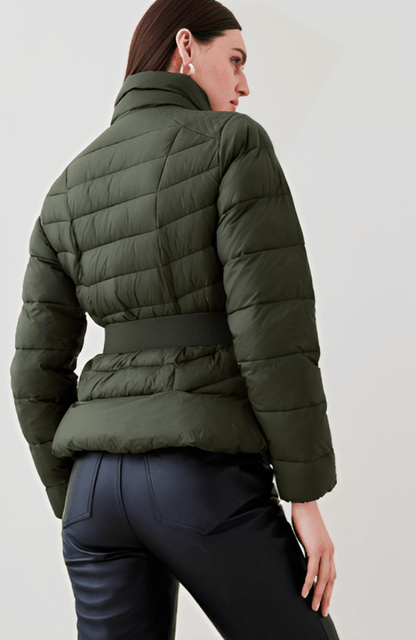 Women’s Khaki Green Belted Puffer Jacket – Stylish Warmth by Bravo Bros