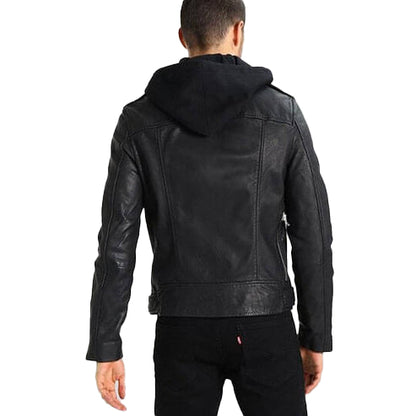 Men’s Lupe Black Leather Jacket with Removable Hood