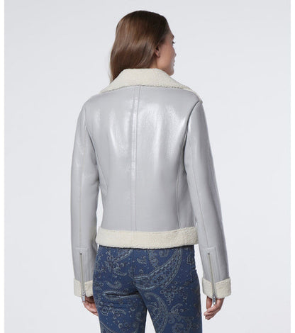 Women’s Pearl Blue Shearling Leather Biker Jacket – Luxe Winter Moto