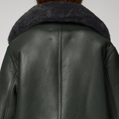 Women’s Khaki Sheepskin Bomber Biker Jacket – Luxe Aviator Moto