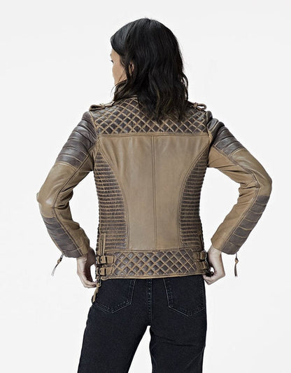 Bravo Bros Women’s Beige Café Racer Leather Jacket with Gray Quilted Panels