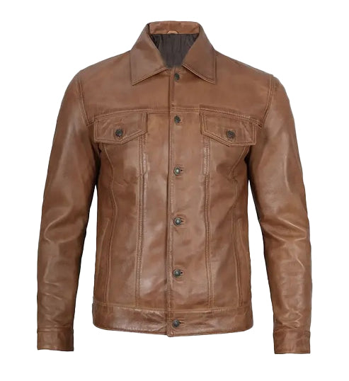 Men’s Camel Brown Trucker Leather Jacket
