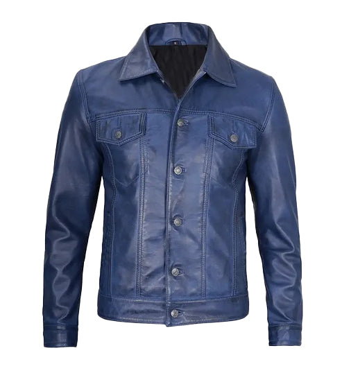 Men’s Blue Trucker Leather Jacket – Stylish & Durable